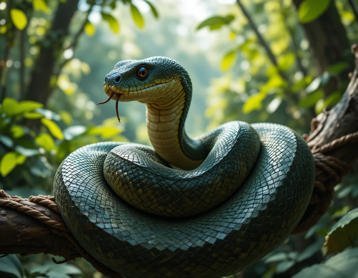 Coiled boa constrictor on jungle branch in dappled light