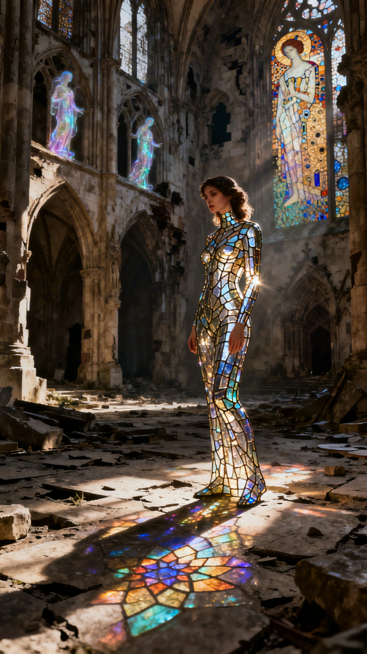 Donna di vetro colorato tra le rovine di una cattedrale gotica