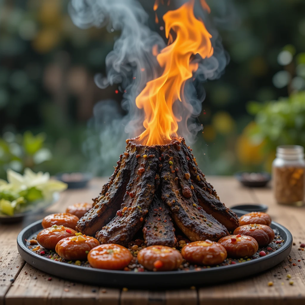 Papagaio colorido fazendo um churrasco em chamas em casa