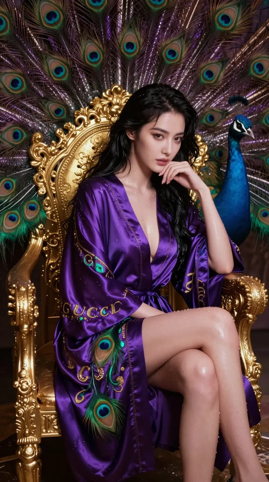 Woman on peacock feather throne in shimmering wet silk robe