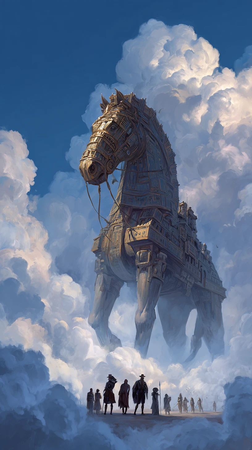 Surreal trojan horse emerging from the realm of thoughts