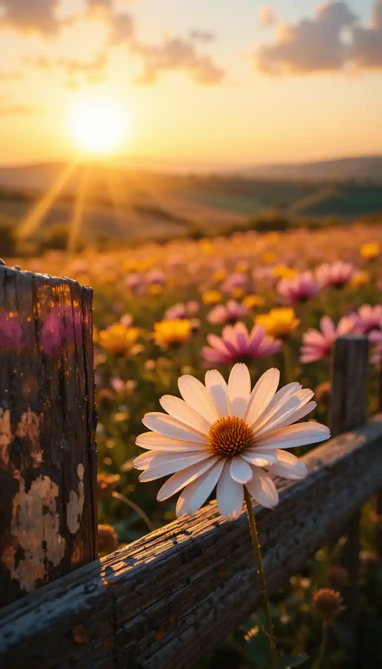 Weiße Gänseblume blüht durch rissigen Holzzaun bei Sonnenuntergang
