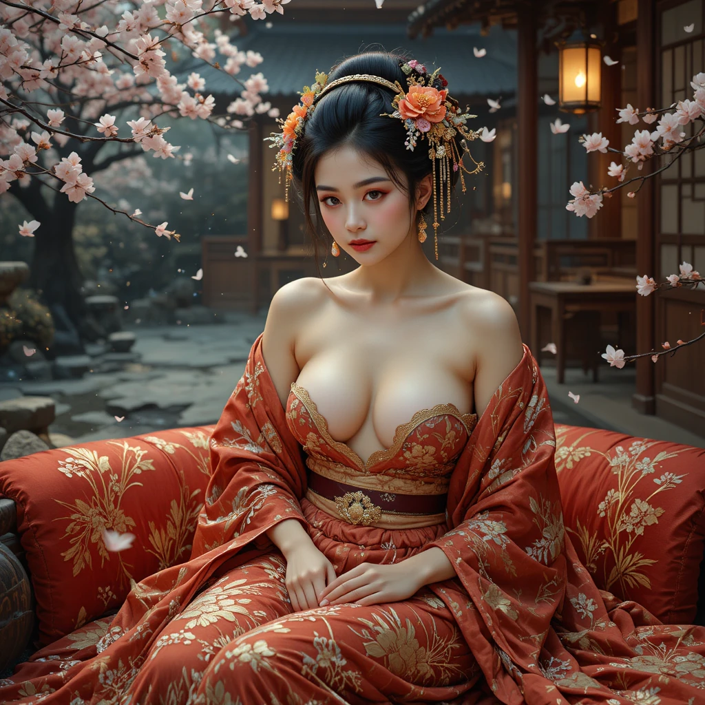 Göttliche Frau im Kimono auf einem Lackdivan liegend