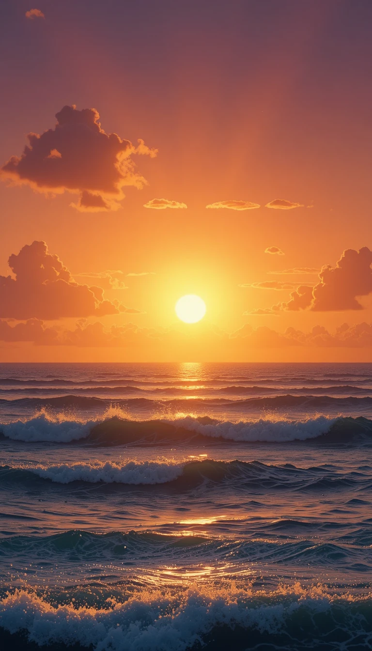 Sol dourado se pondo sobre o horizonte calmo e cintilante do oceano