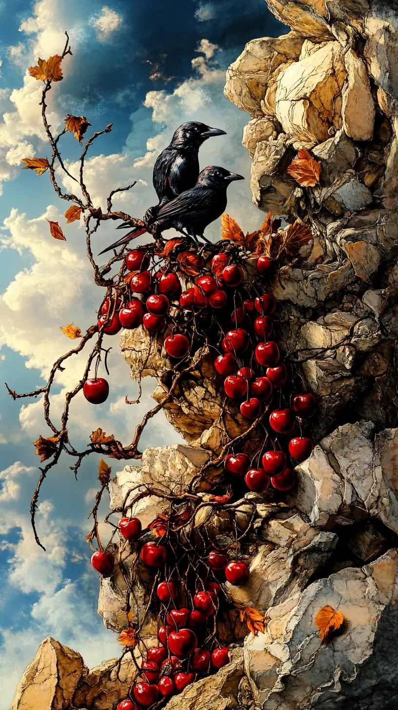 Ripe cherries hanging in a natural orchard setting