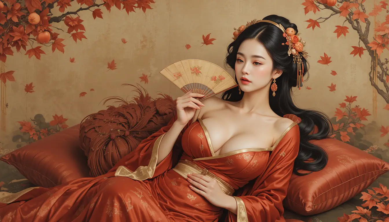 Elegante Edelfrau auf lackierter Plattform im Nihonga-Stil