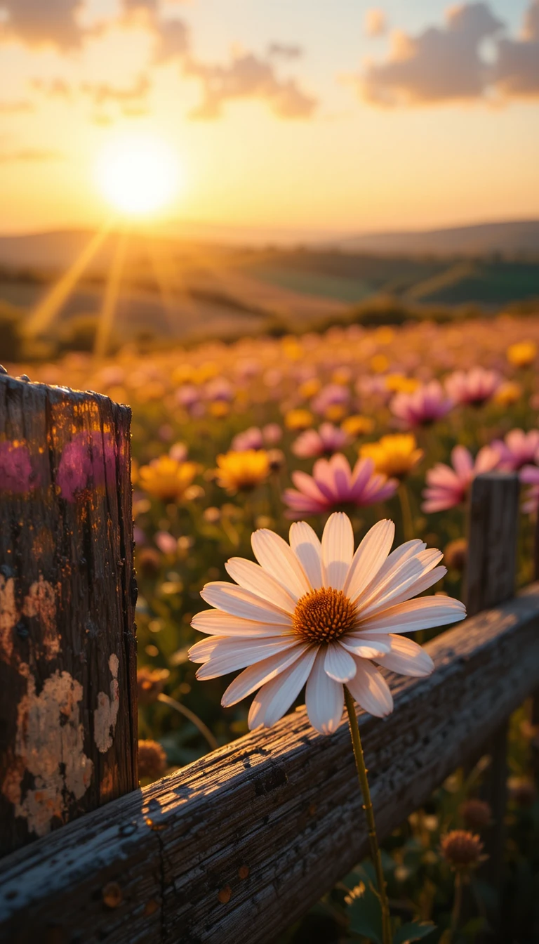 Weiße Gänseblume blüht durch rissigen Holzzaun bei Sonnenuntergang