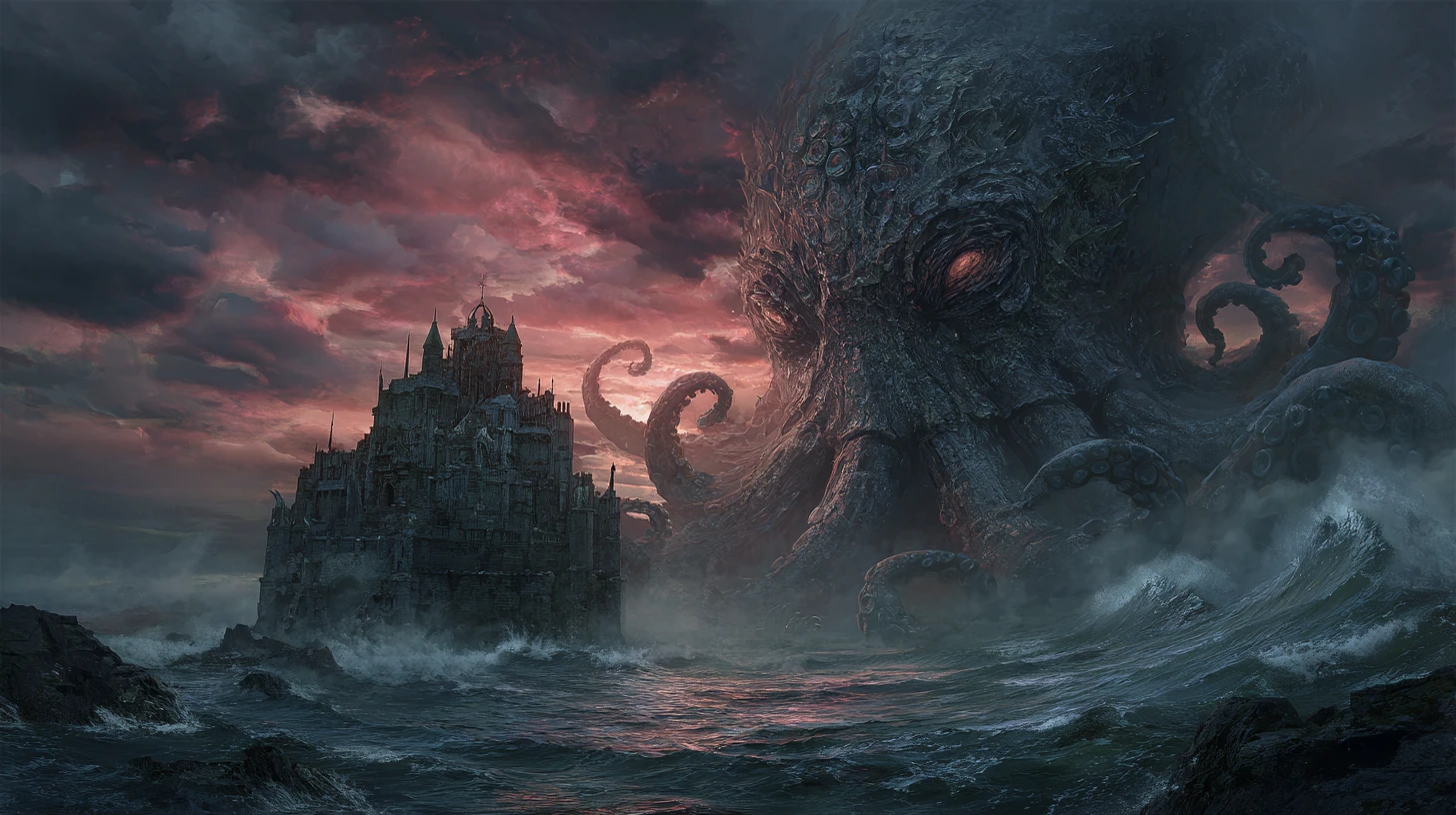 Ancient kraken rising before a ruined gothic cliffside castle