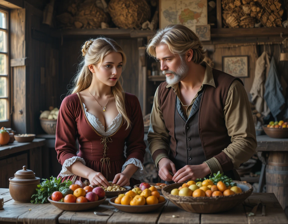 Jovem mulher medieval em cozinha rústica com agricultor