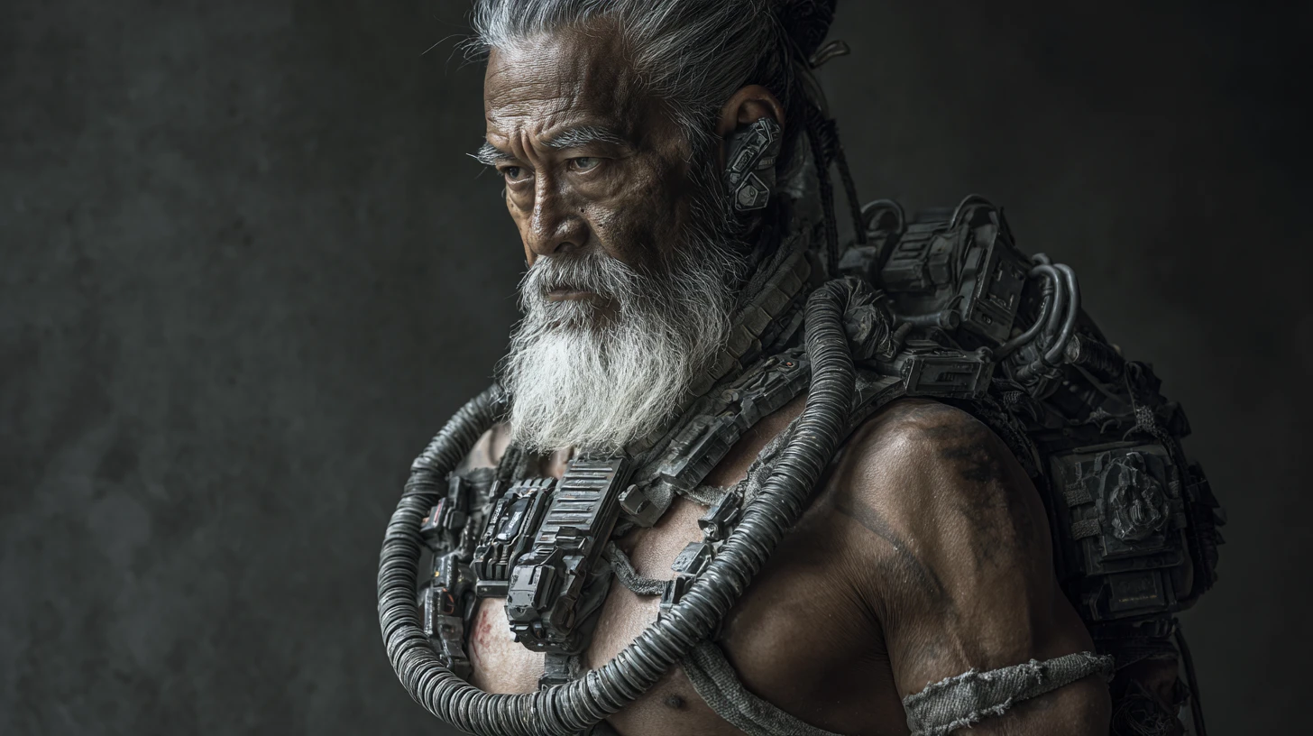 Comandante ciborgue cyberpunk grisalho com torso mecânico