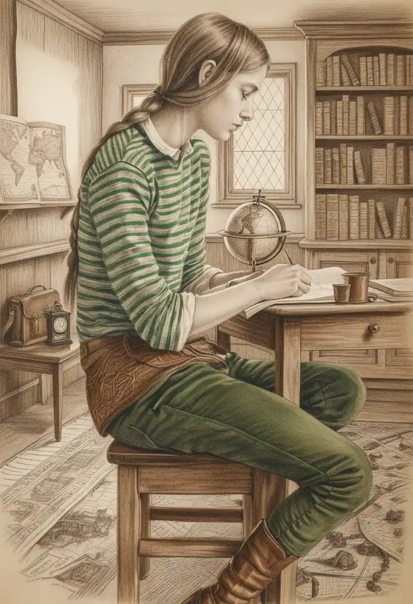 Focused student writing at a wooden desk in warm study