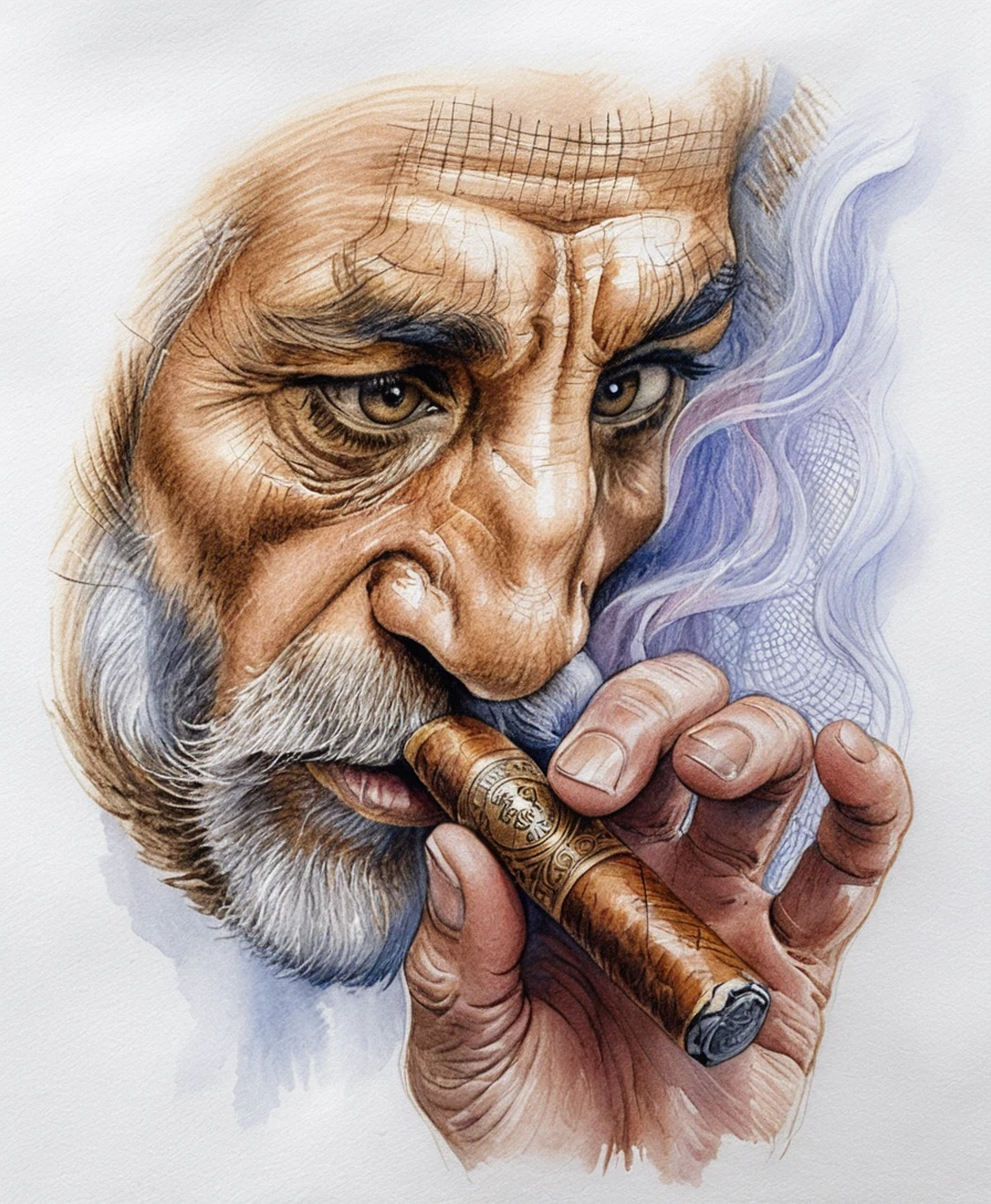 Mature man smoking a cigar in detailed pencil portrait