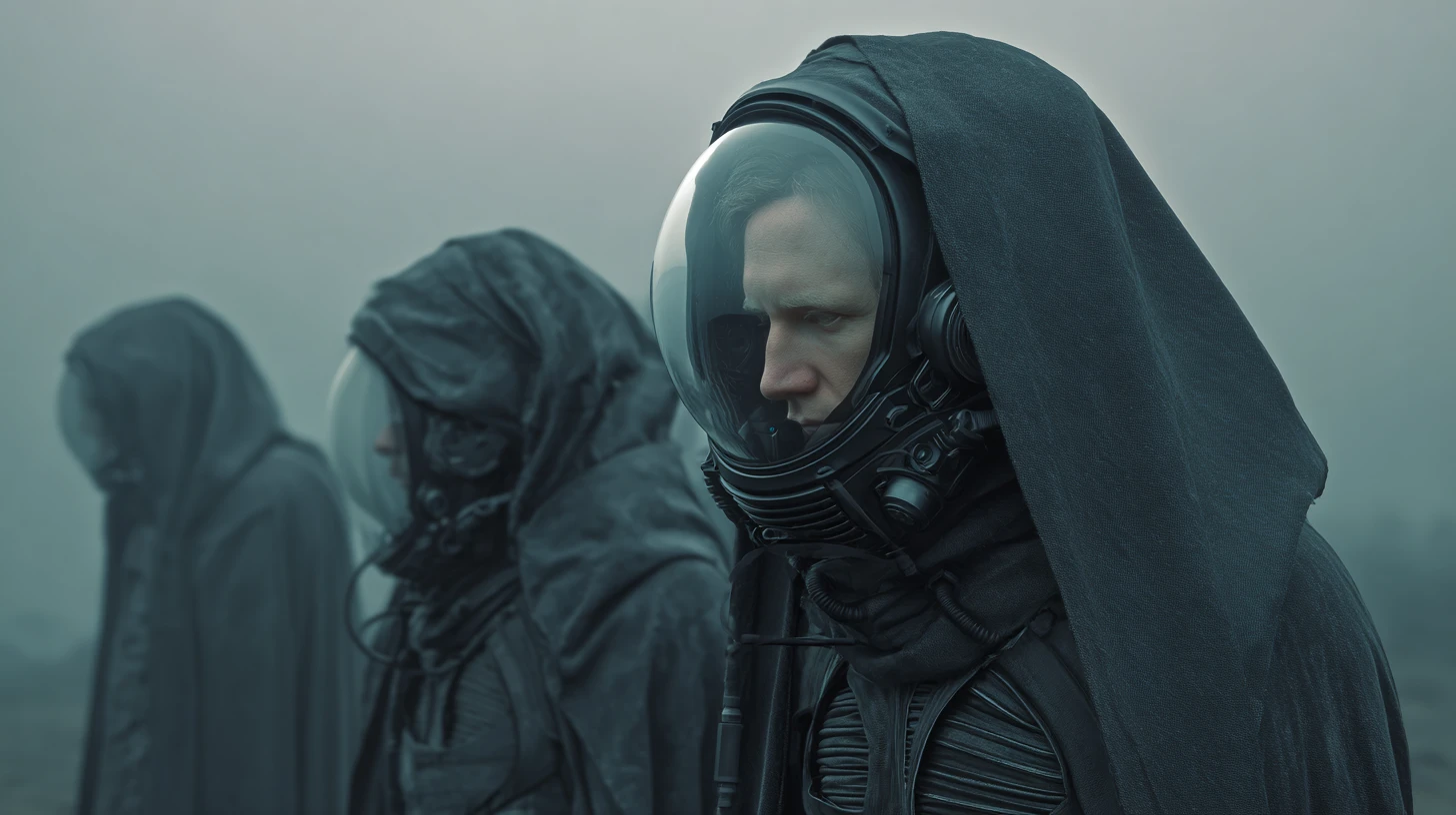 Sci fi templar soldiers in cyberpunk armor on watchtower