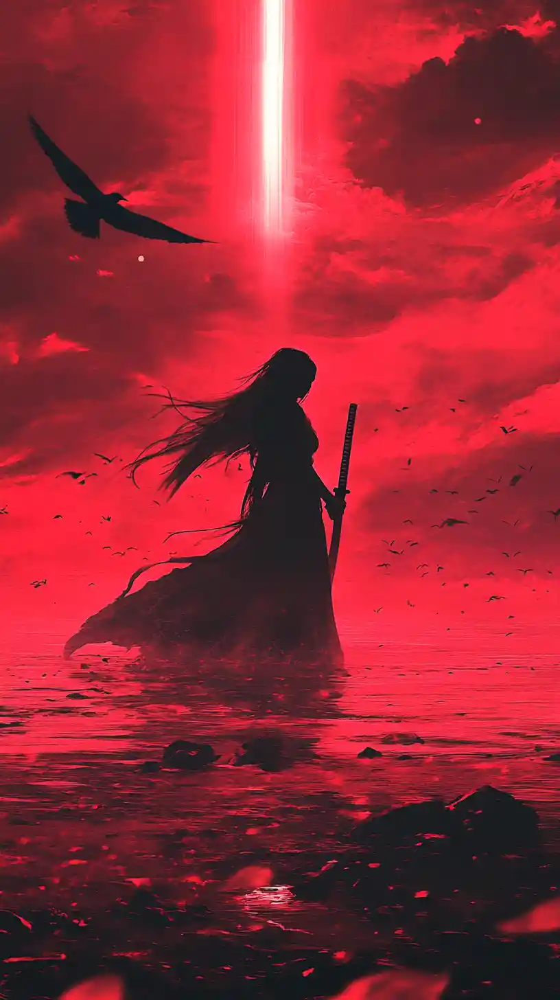 Woman with katana in crimson water under eerie sky