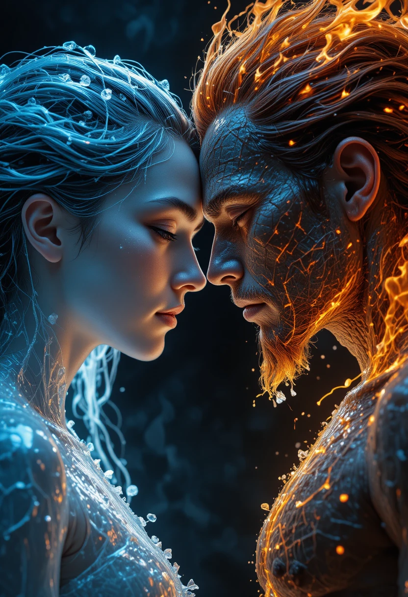 Ice and fire beings facing each other in close tension