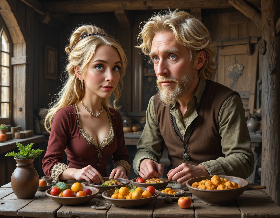 素朴な中世風キッチンにいる中年の農夫たち