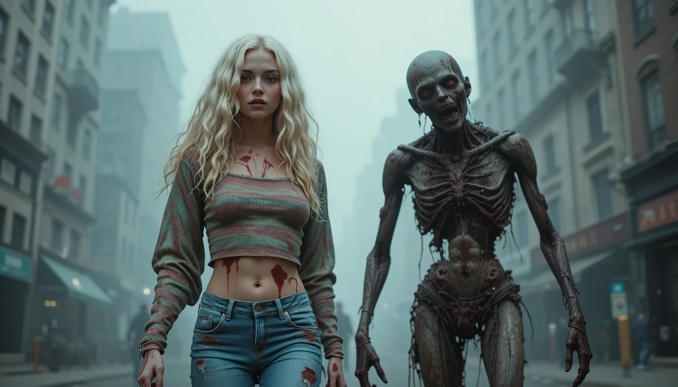 Mulher loira com top cropped ensanguentado ao lado de zumbi em cidade enevoada