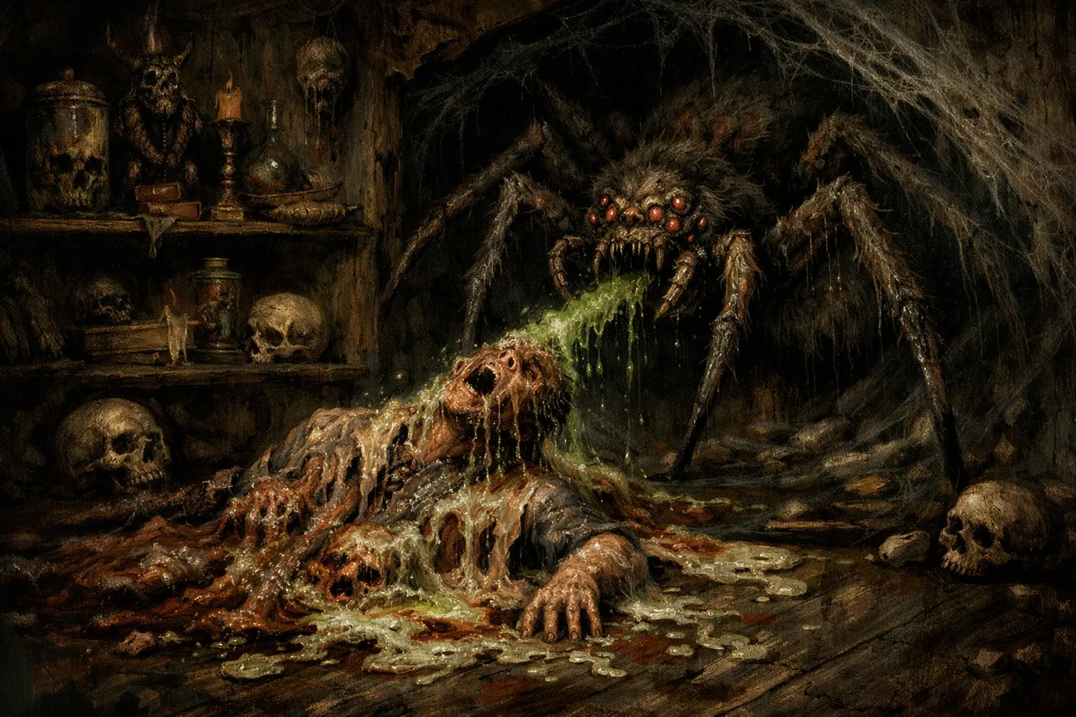 Venomous spider lurking in a corner of a haunted house