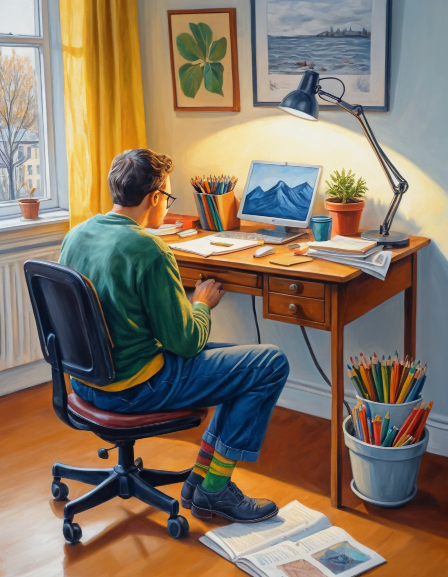 Tired person at a warm desk with computer and lamp
