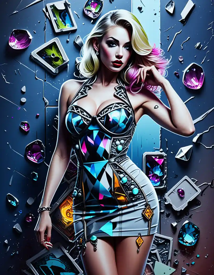 Mujer rubia glamurosa con vestido ajustado frente a grafiti neón