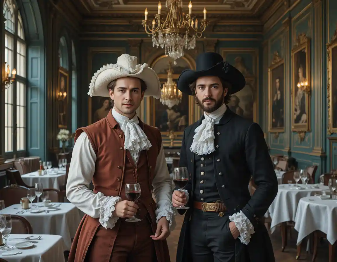 Deux hommes du XVIIIe siècle dînant dans un intérieur baroque
