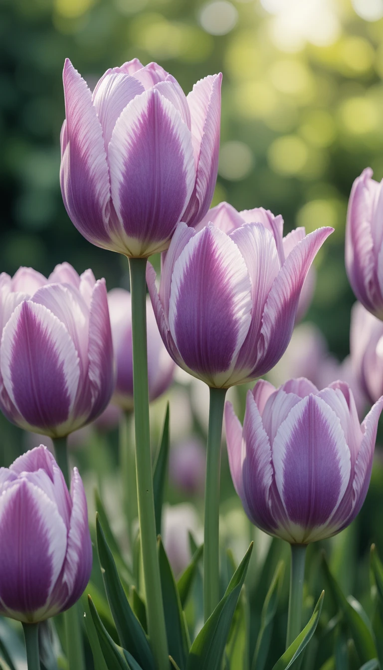 Lila und weiße Tulpen im üppig grünen Garten – Illustration