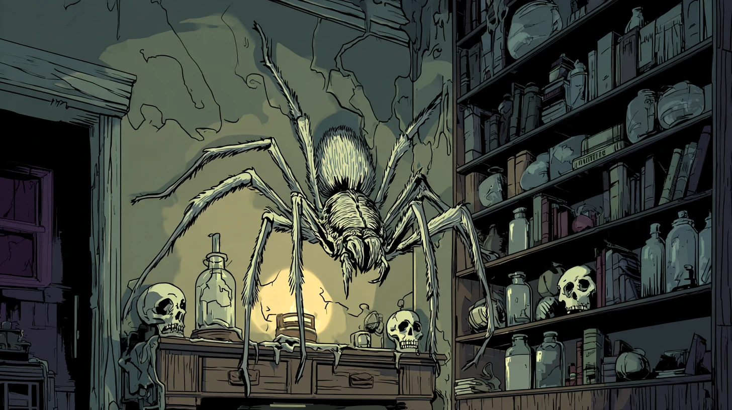 Giftige Spinne, die in der Ecke eines Spukhauses lauert
