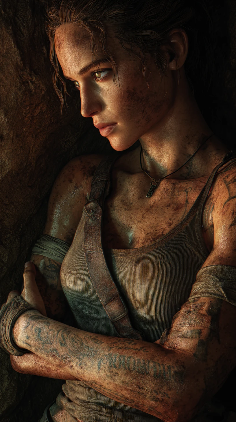 Female explorer in a dim stone chamber with crossed arms