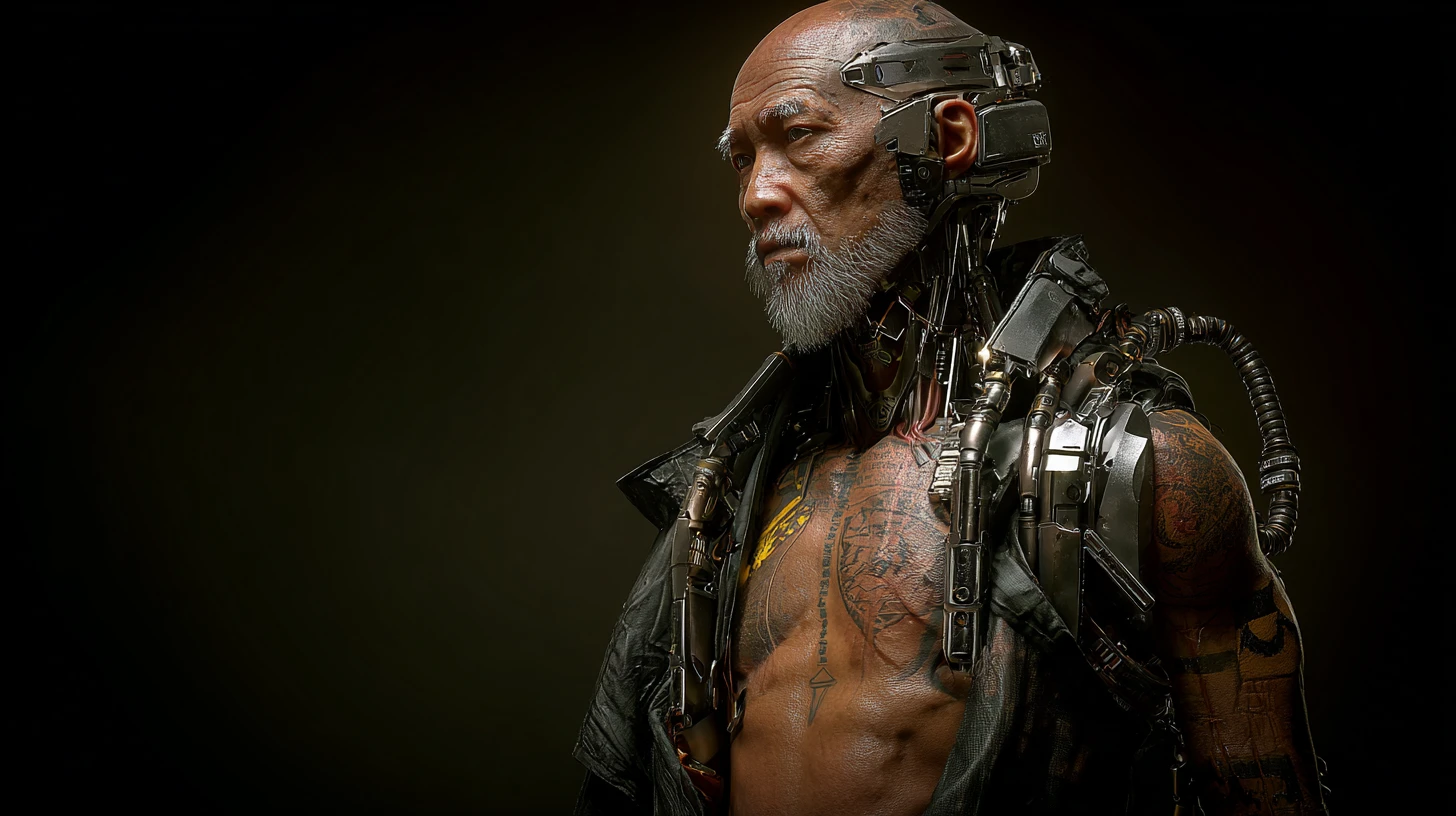 Comandante ciborgue cyberpunk calejado com torso mecânico