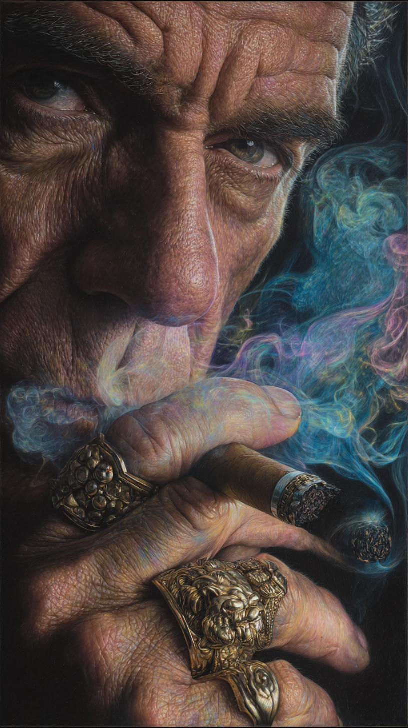 Homem mais velho fumando charuto em retrato dramático em close