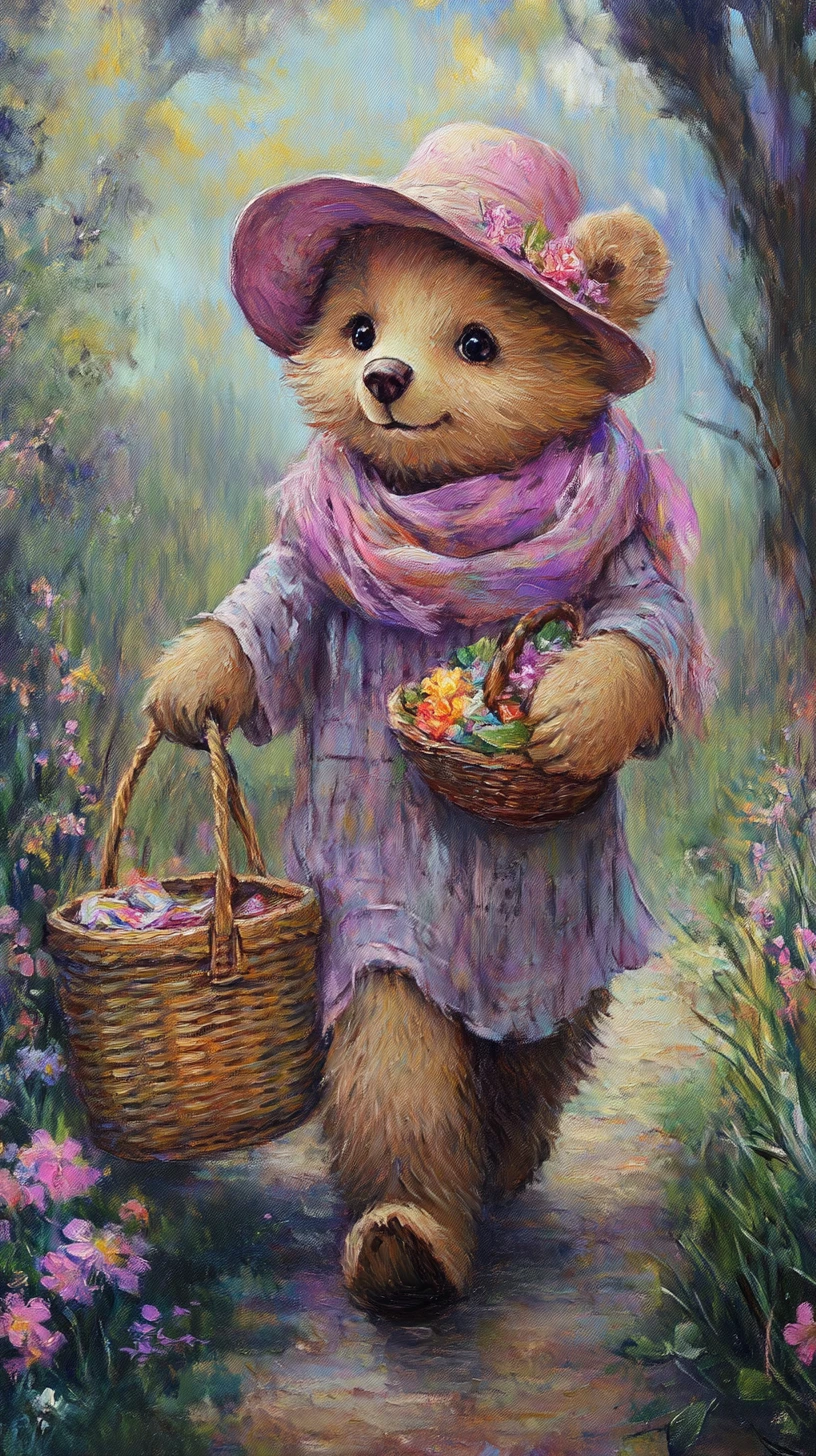 Adorable ourson avec panier de pique-nique sur un sentier fleuri