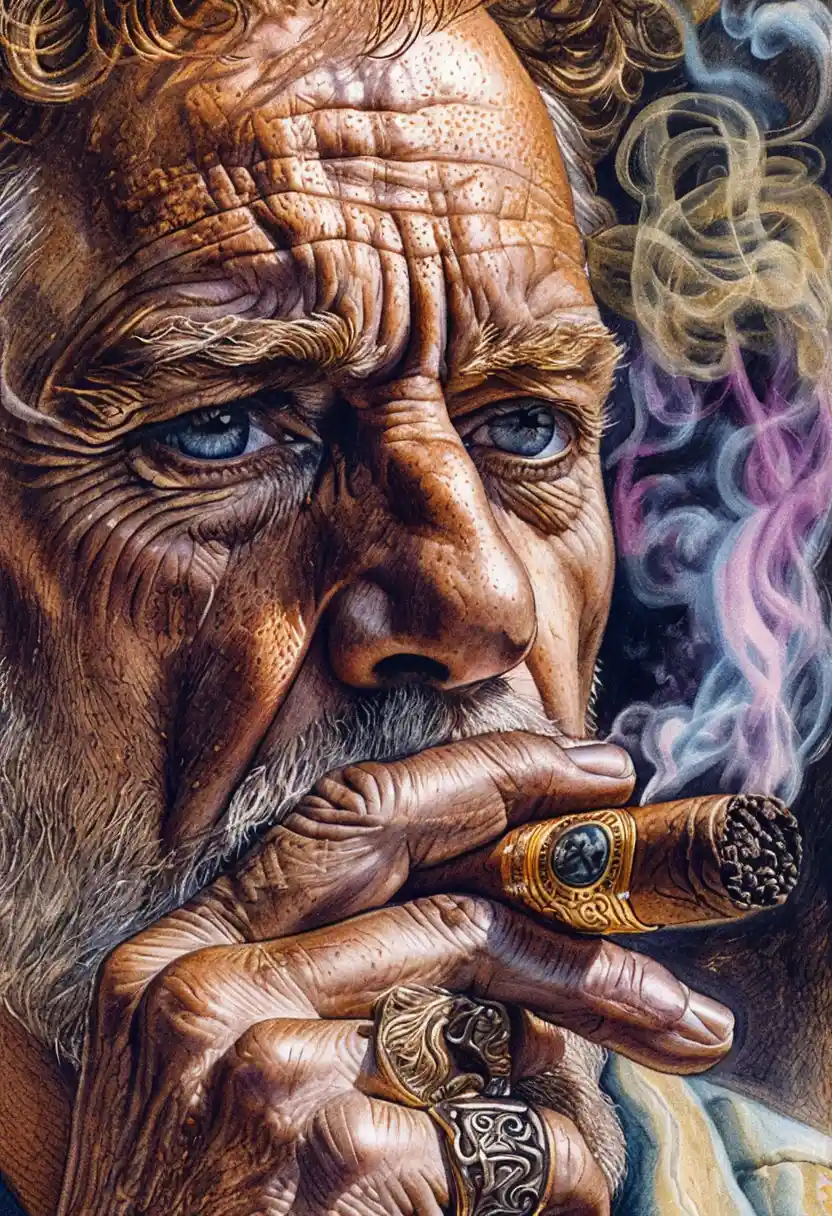Older man smoking a cigar in dramatic close up portrait