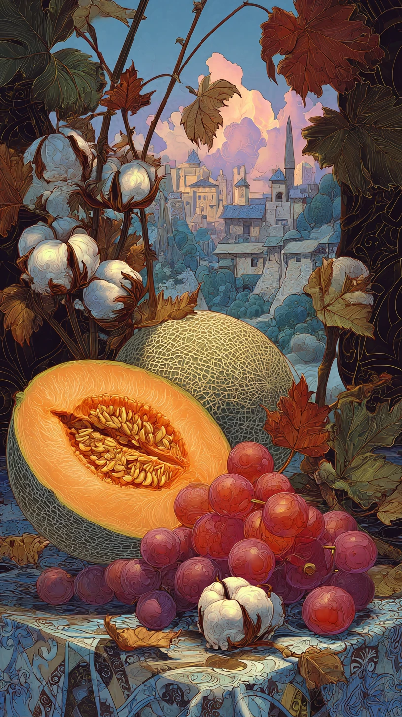 パターン柄のテーブルクロスの上のカンタロープとブドウの静物画