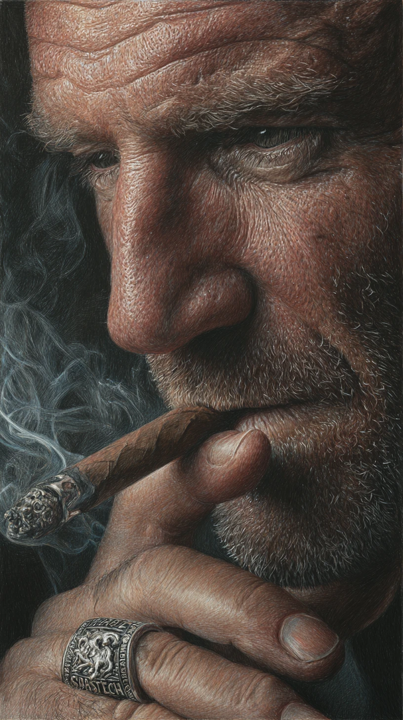 Hombre maduro introspectivo fumando un puro en dibujo de primer plano