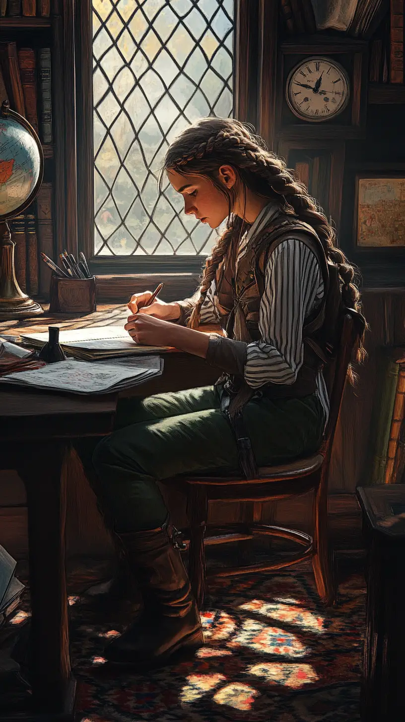 Focused student writing at a wooden desk in warm study