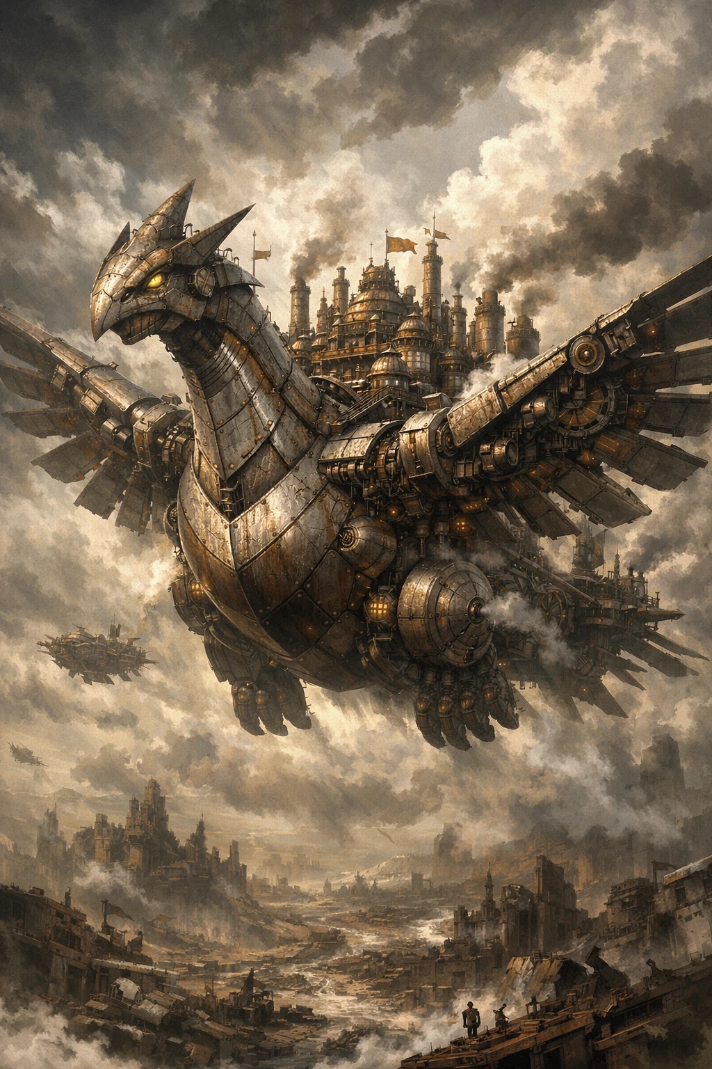 Fortaleza Gigantesca de Nave Aérea Steampunk Paira Sobre Mundo Arruinado