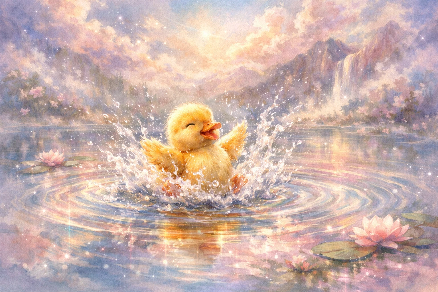 Patito chapoteando en un estanque tranquilo con suaves ondas en acuarela