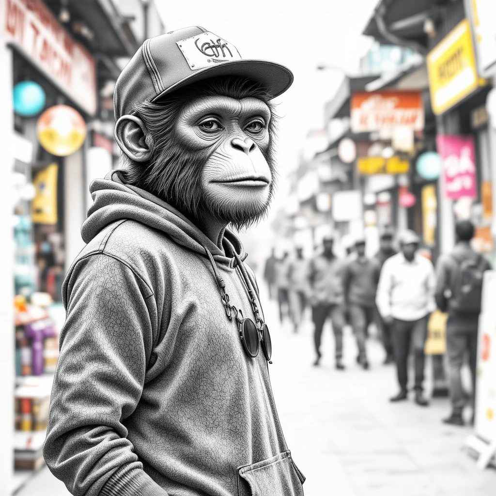 Anthropomorpher Affe in Streetwear auf belebtem indischen Markt