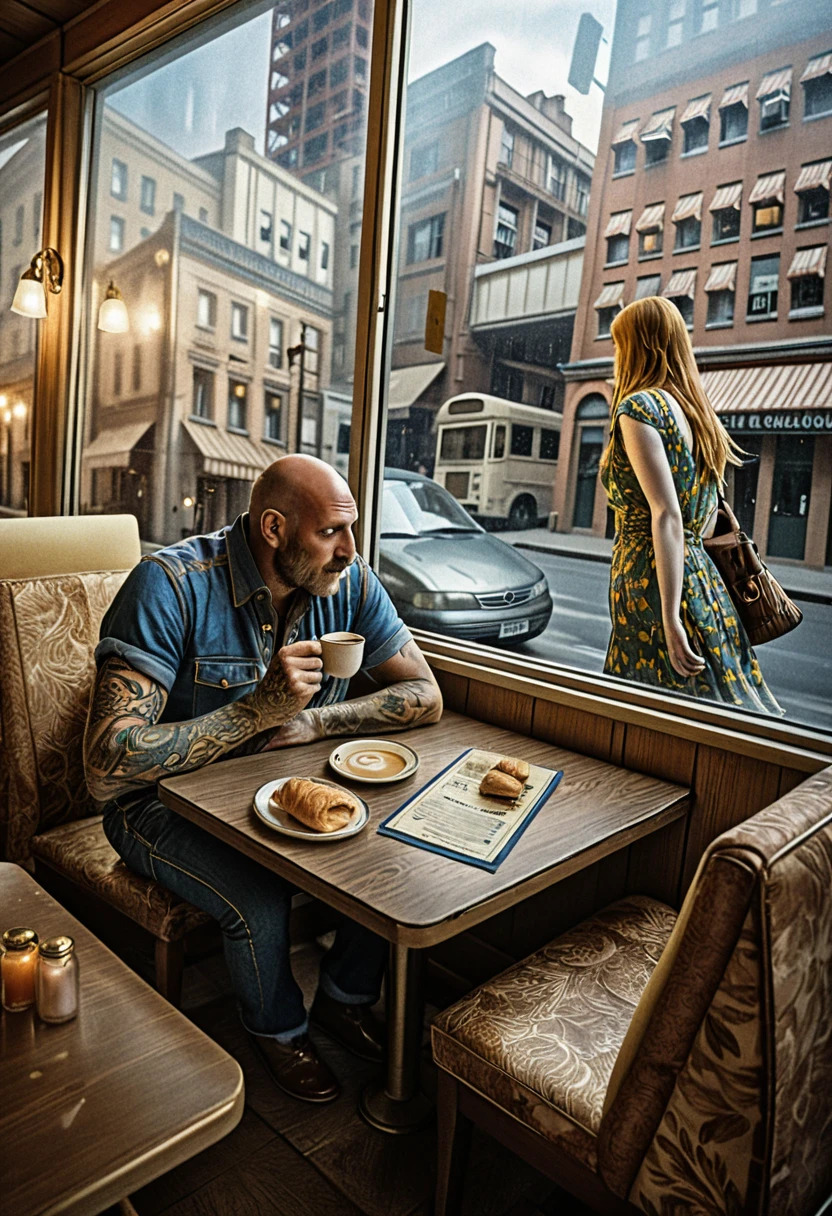 Homem tatuado sozinho em uma lanchonete vintage com café da manhã