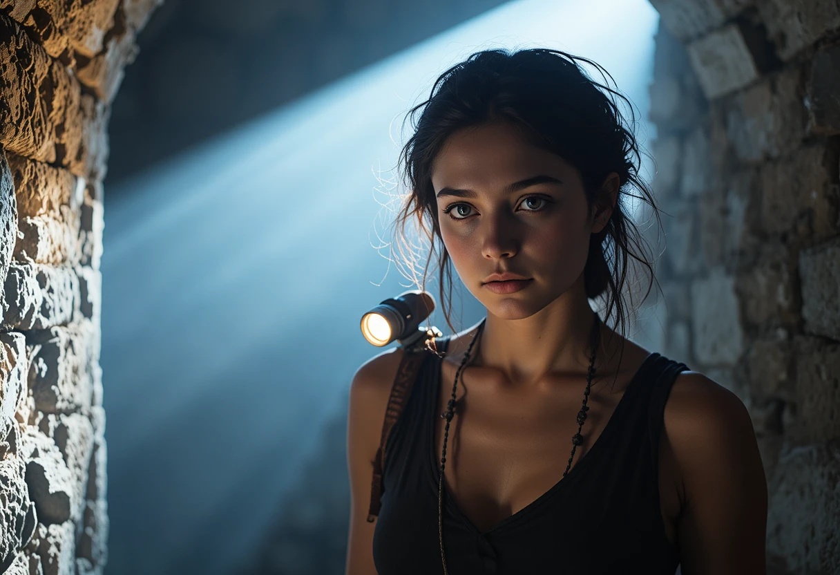 Young woman with flashlight in a dim stone room