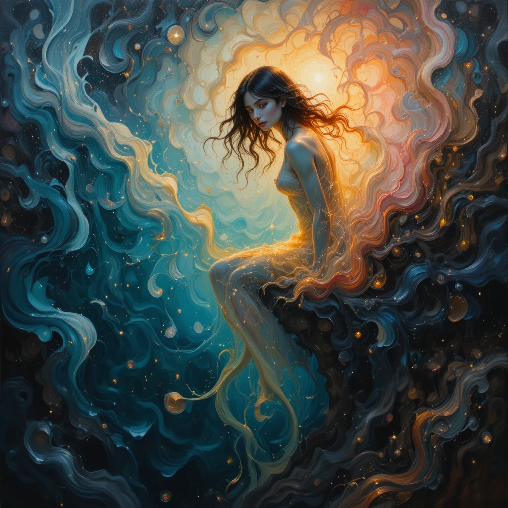 Teen girl dissolving into a luminous surreal ocean