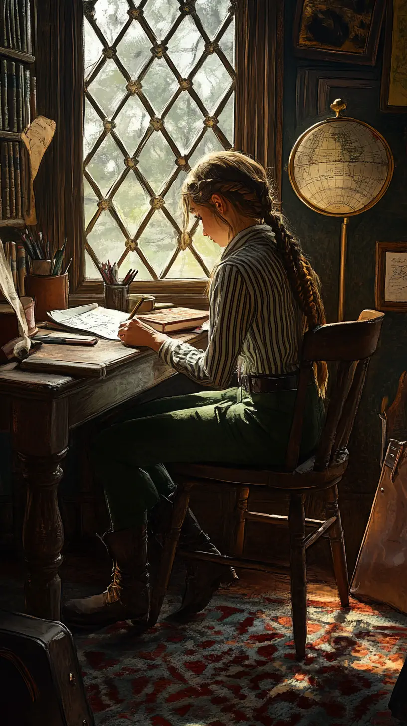 Young student writing at a wooden desk in warm study