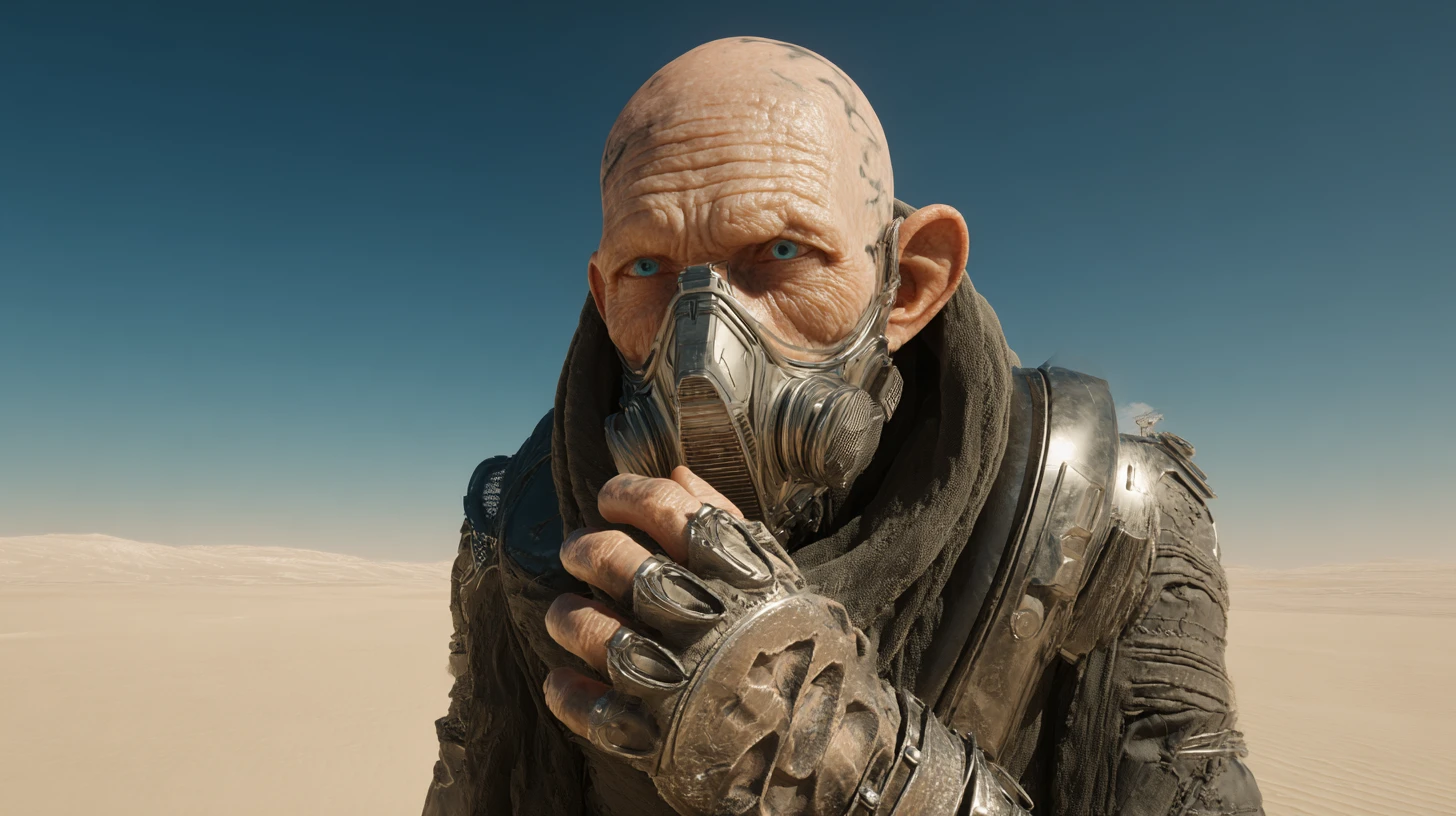 Hombre calvo de ciencia ficción con mascarilla respiratoria en el desierto