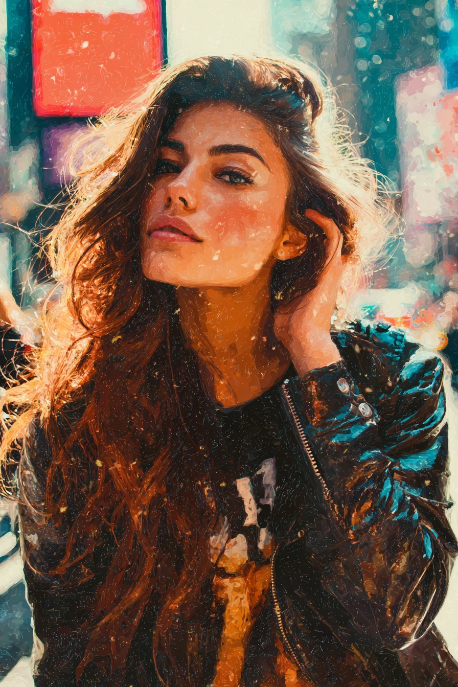 Woman close up on a glossy styled city street portrait