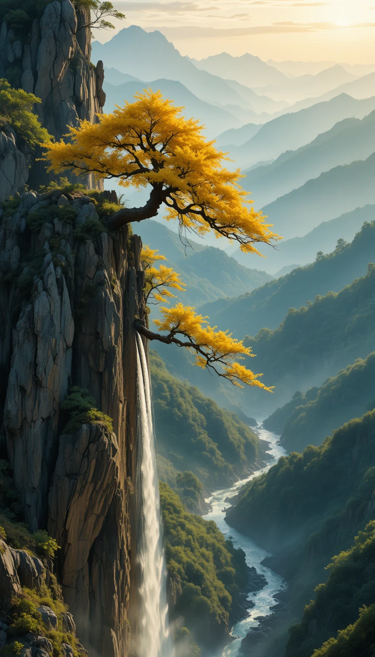 Bonsai dourado em cascata por um penhasco de montanha dramático