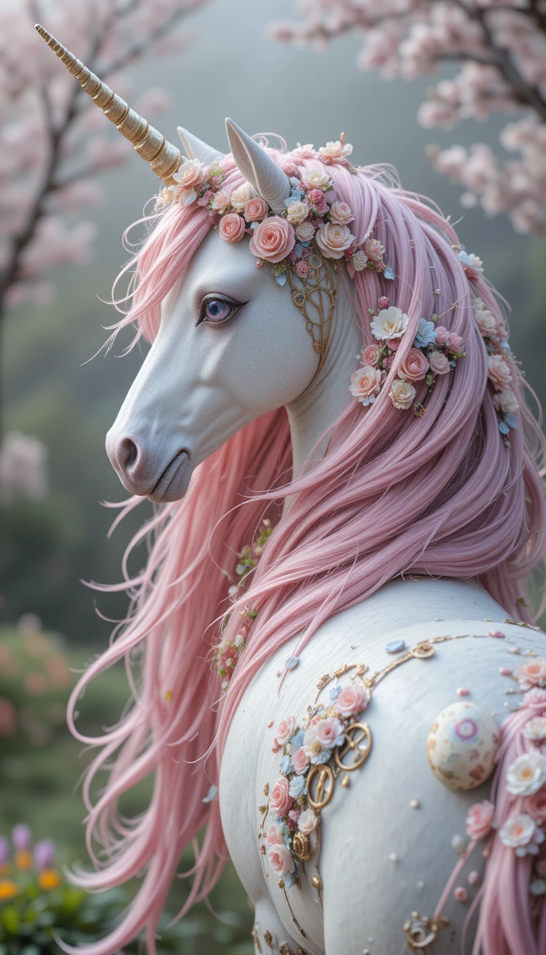 Unicorno bianco con criniera rosa in un luminoso paesaggio primaverile