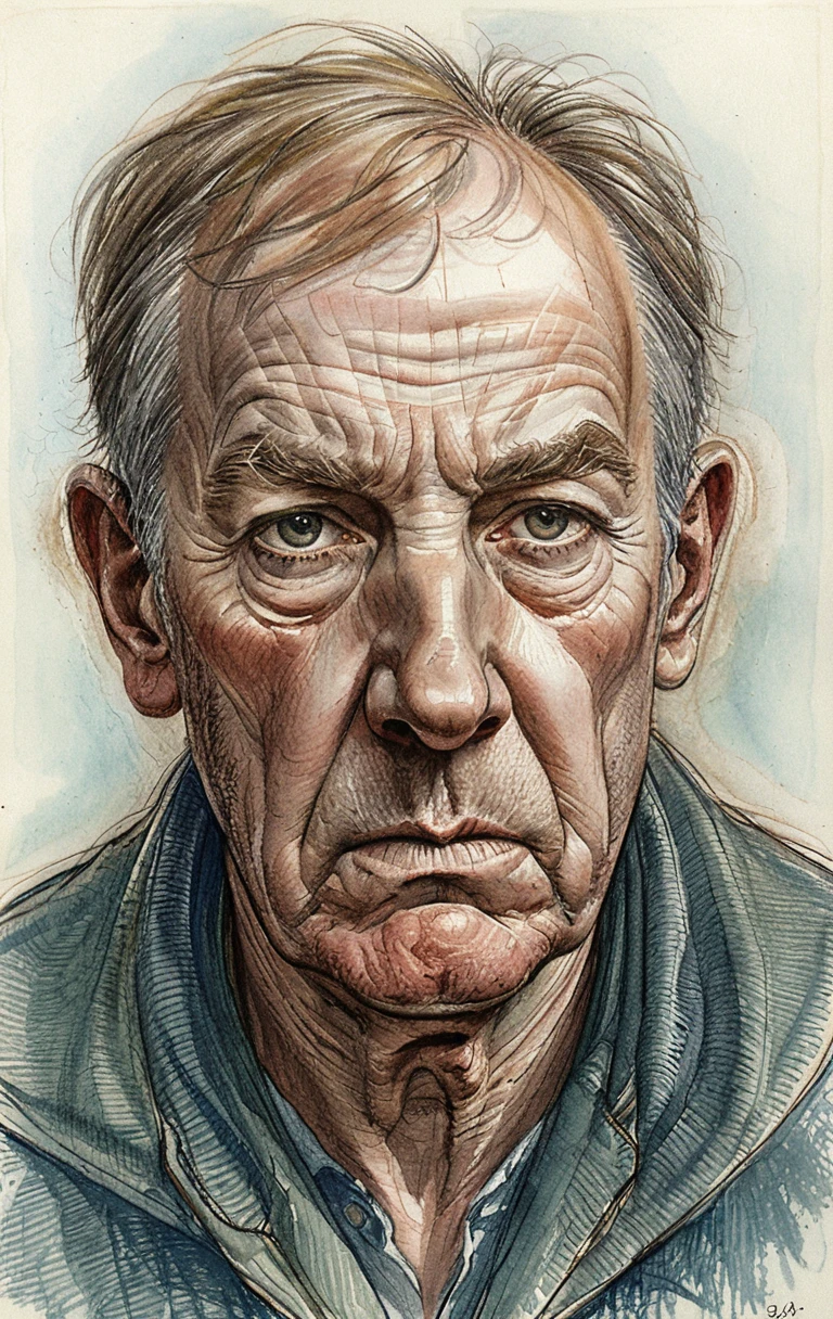 Elderly man portrait in soft side lit color pencil drawing