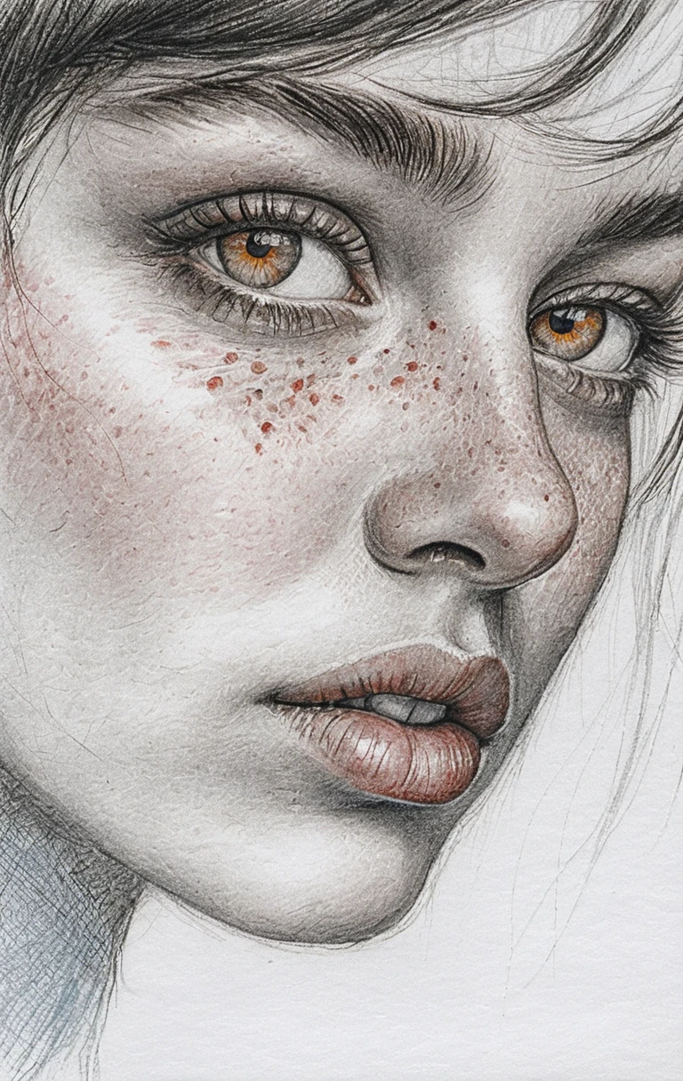 Realistic pencil portrait with blue eyes and red lips