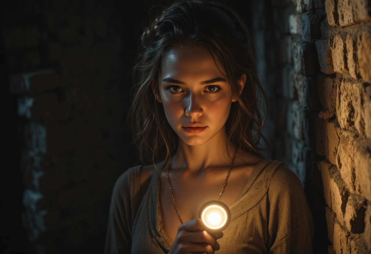 Young woman with flashlight in a dim stone room