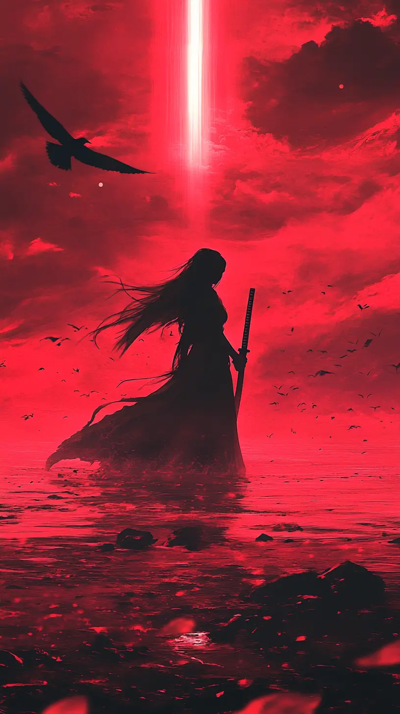 Woman with katana in crimson water under eerie sky